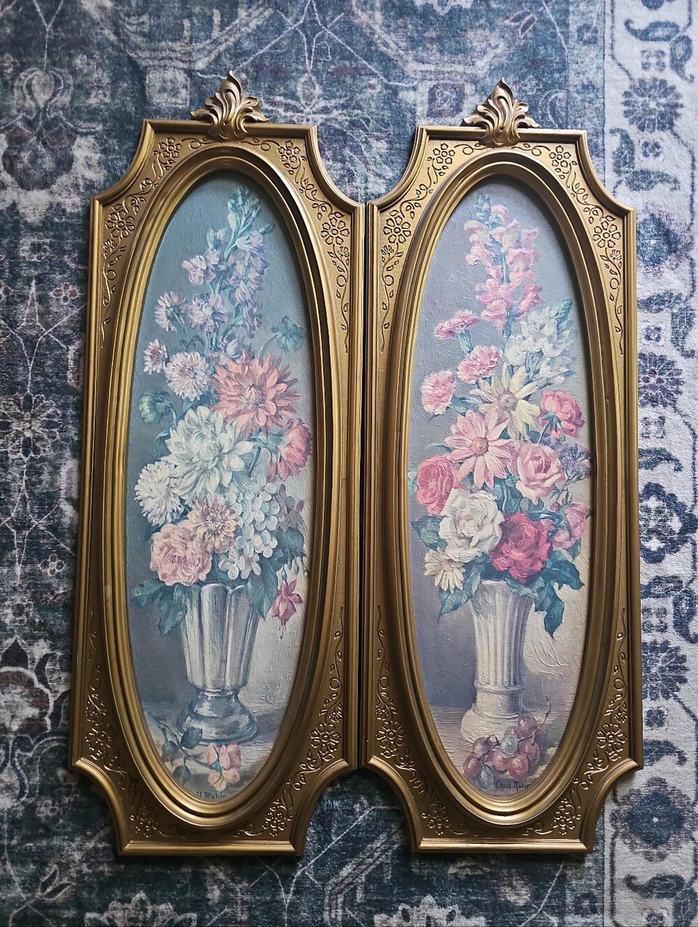 2 Vintage Florentine Garden Cecil Rubino Lithograph Wall Plaques by Dart